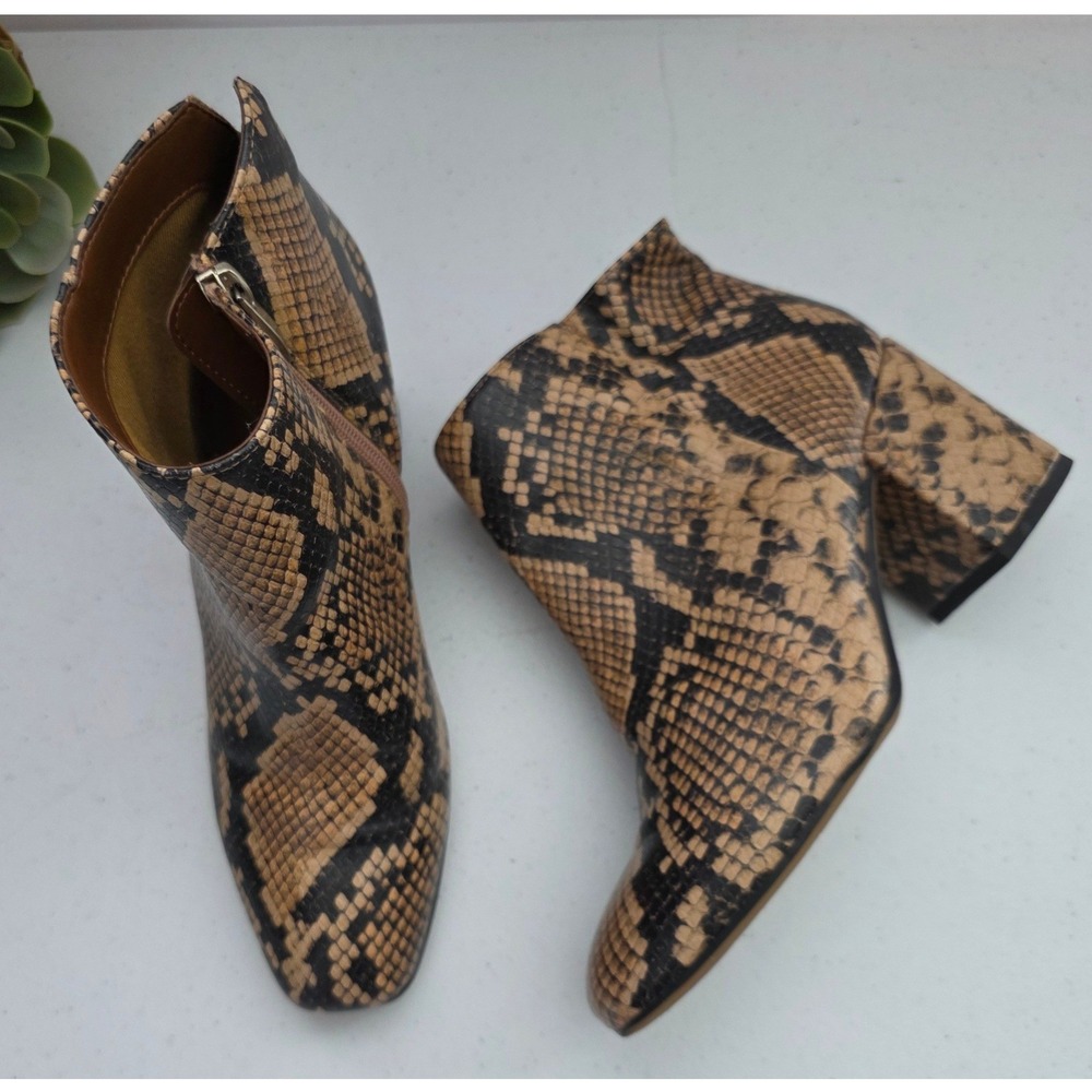 Franco Sarto Rudy Bootie Women 6.5M Tan Snakeskin Excellent Block Heel Boot